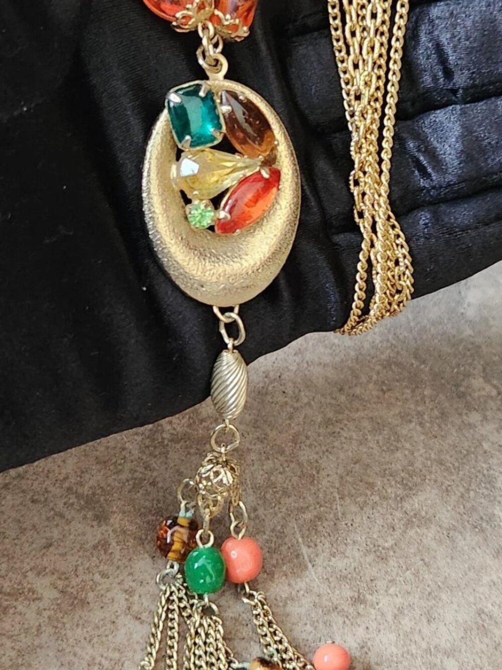 Vtg Statement Necklace Gold Tone Multi Chain & Colored Rhinestone Beaded Tassel